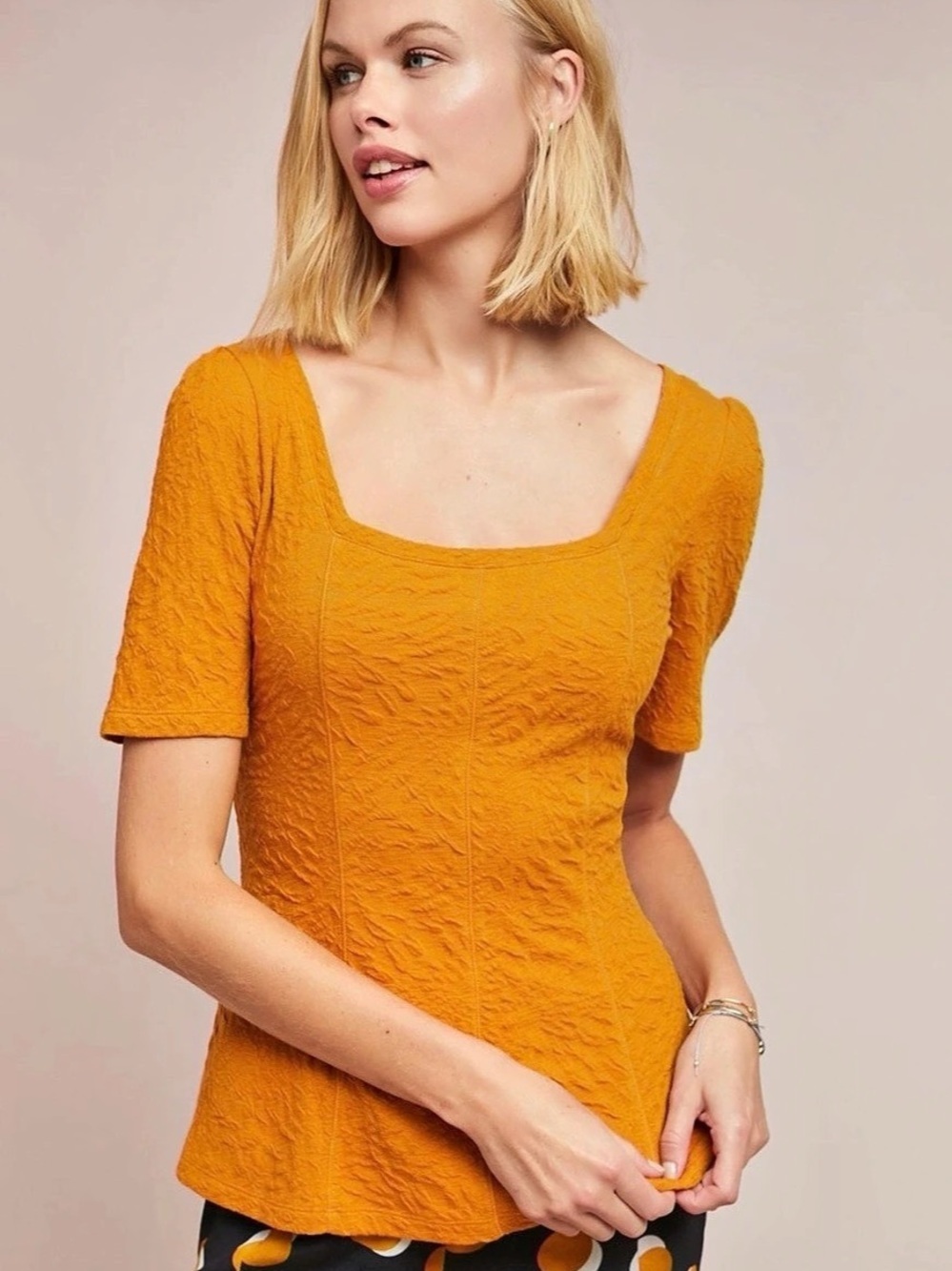 Ett:Twa by Anthropologie Wesley Textured Square Neck Top - Dark Yellow Size M